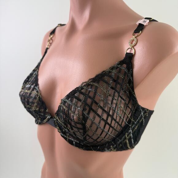 Victorias Secret Gold Chain Mesh Glitter Unlined Low Cut Black Demi Bra 32DD - Picture 4 of 12